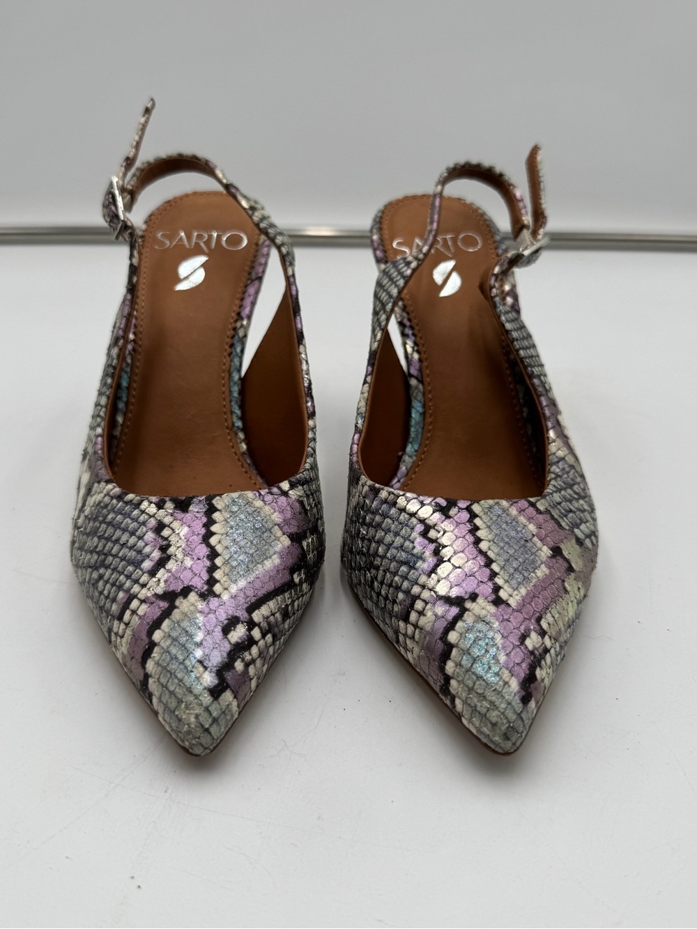 Sarto Sophie Snake Print Slingback Heels Womens US 6 Pointed Toe Leather